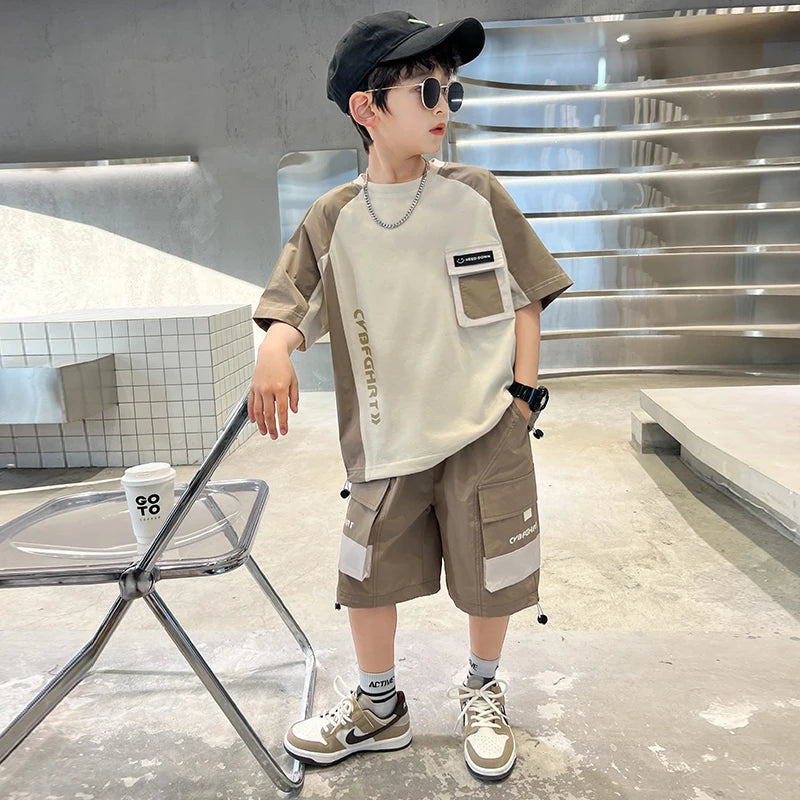 Kids Clothing Sets For Boys Fashion Short Sleeve T Shirts Shorts 2pcs Tracksuits Summer Children Teenager Sportswear Suits 5-14Y
