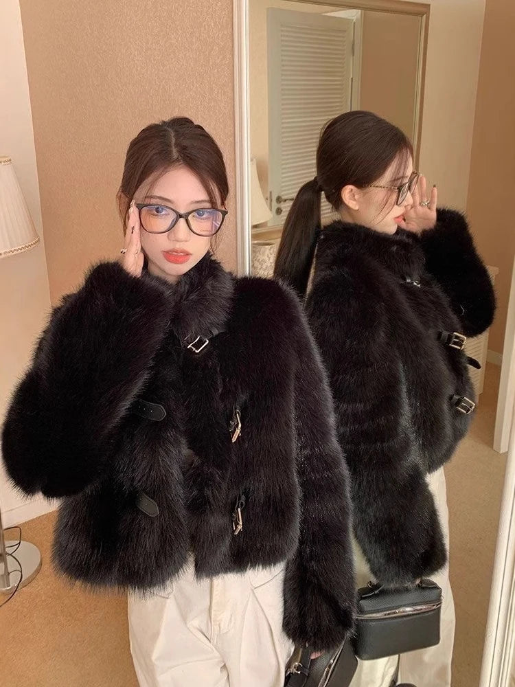 Korean Fashion Black Elegant Belt Button Fall Autumn Winter Warm Furry Coat Imitation Mink Velvet High Street Outwear