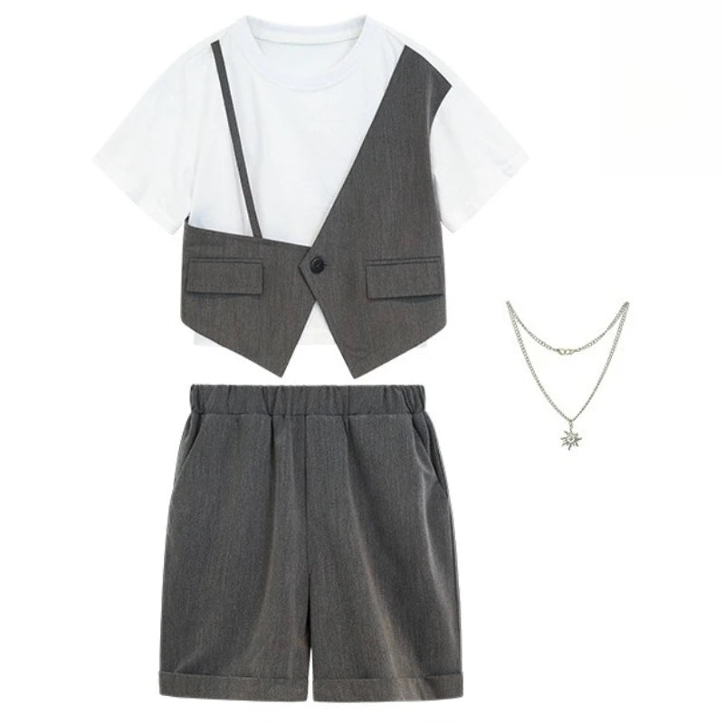 Kids' Suit Set Stylish Fake 2-Piece T-Shirt Shorts Outfit for Boys Girls Summer Streetwear Child Birthday Photoshoot Clothes