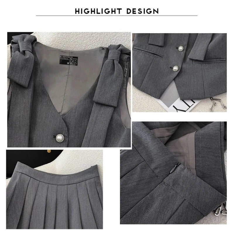 Fashion Design Sense Suit Collar Single Waist Waist Sleeveless Halter Waistcoat + High Waist Pleated Skirt Two-piece Set Women
