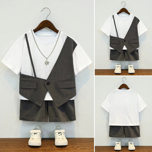 Kids' Suit Set Stylish Fake 2-Piece T-Shirt Shorts Outfit for Boys Girls Summer Streetwear Child Birthday Photoshoot Clothes