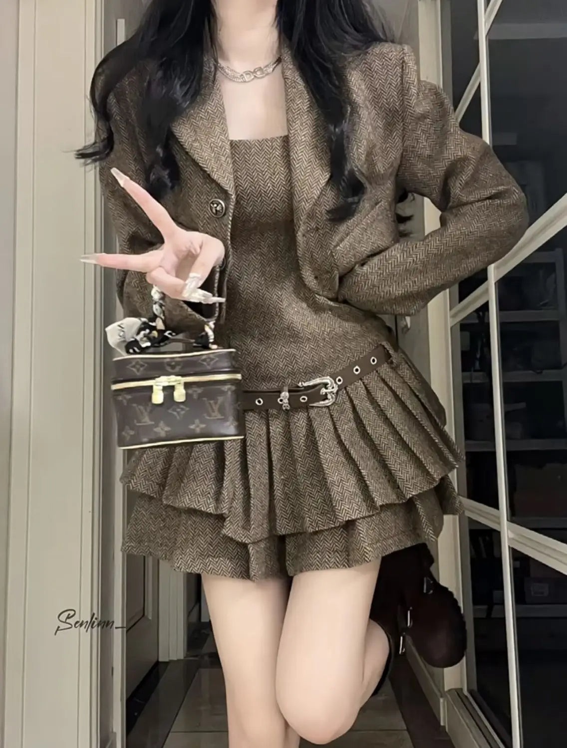 French Vintage Chic Short Suit Jacket And Pleated Skirt Dress Set Women's Fashion Autumn Winter Outfit Elegant Lady Style