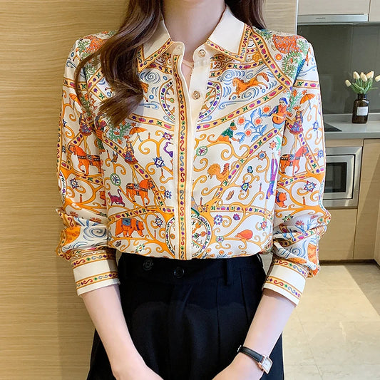 Fashion elegant  Women Blouses flower printed ladies shirts New Spring Long Sleeve Tops Blusas Mujer