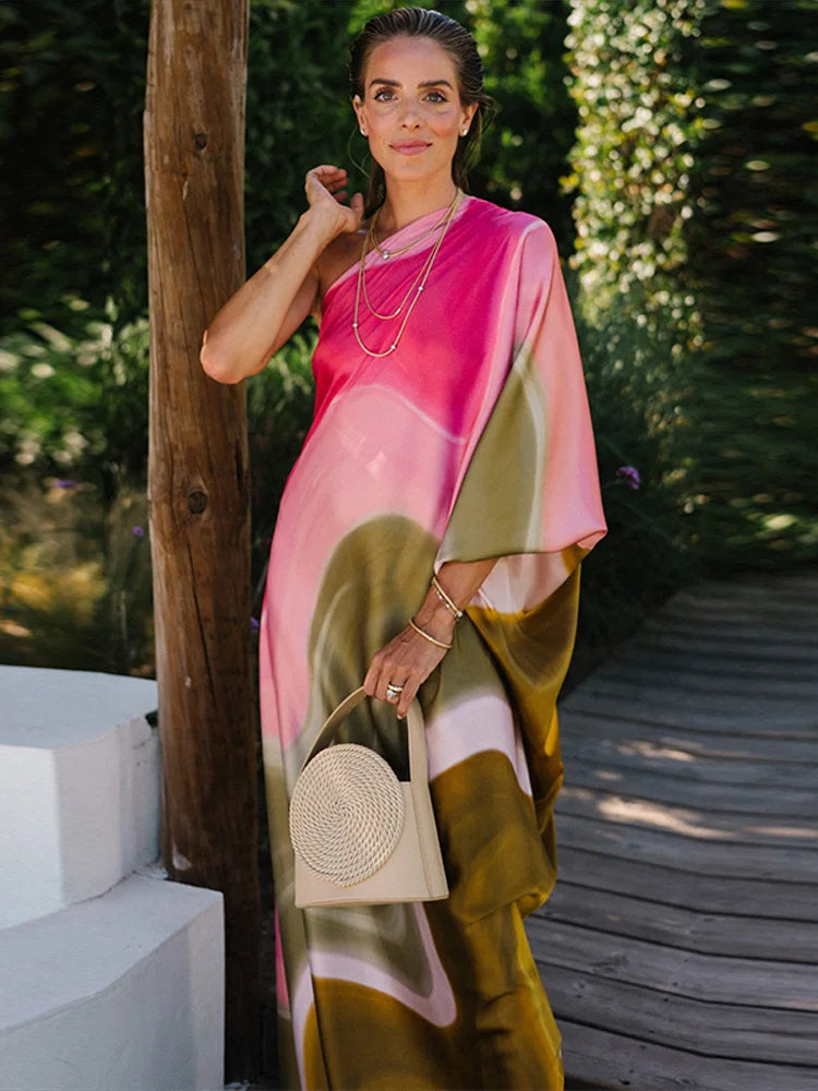 Fashion Print Long Dress For Women Skew-collar Short Sleeveless Backless Draped Robe 2025 Summer Elegant Female Party Dresses