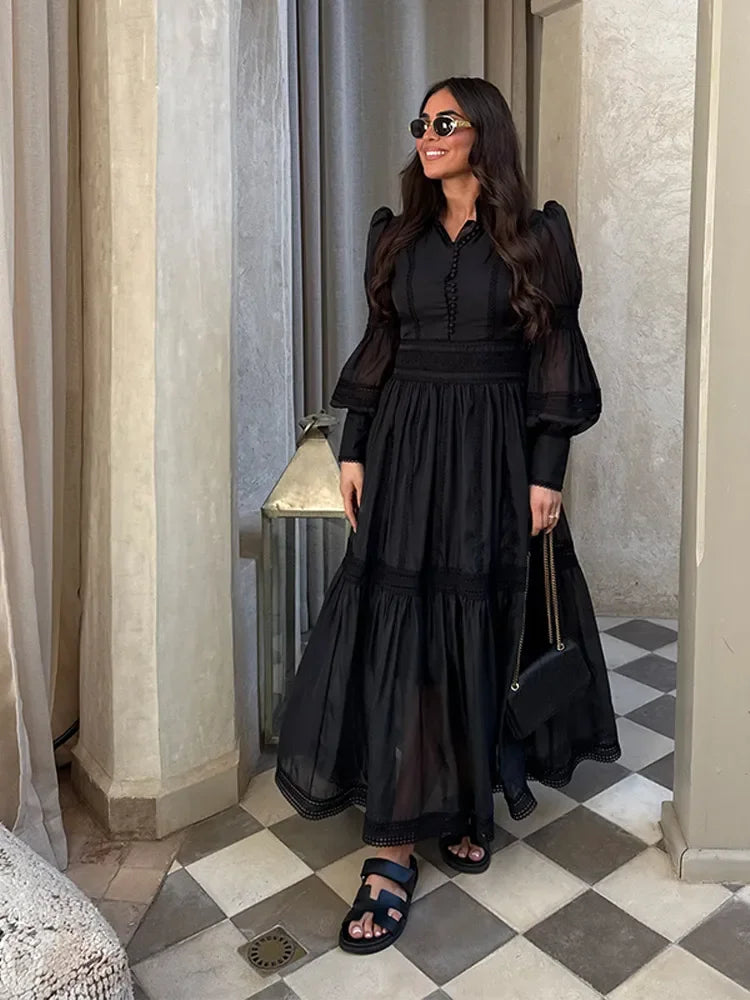 Fashion Hollow Out Long Dress For Women Turn-down Collar Full Sleeve Draped Lace Hem Robe 2025 Summer Elegant Lady Party Dresses