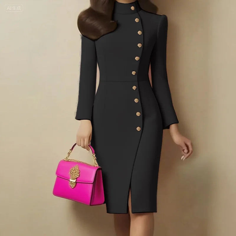Fashion Commuter Dresses for Women Autumn Fashion Solid Color Stand-up Collar Slim Metal Buckle Long Sleeve Split Casual Dress