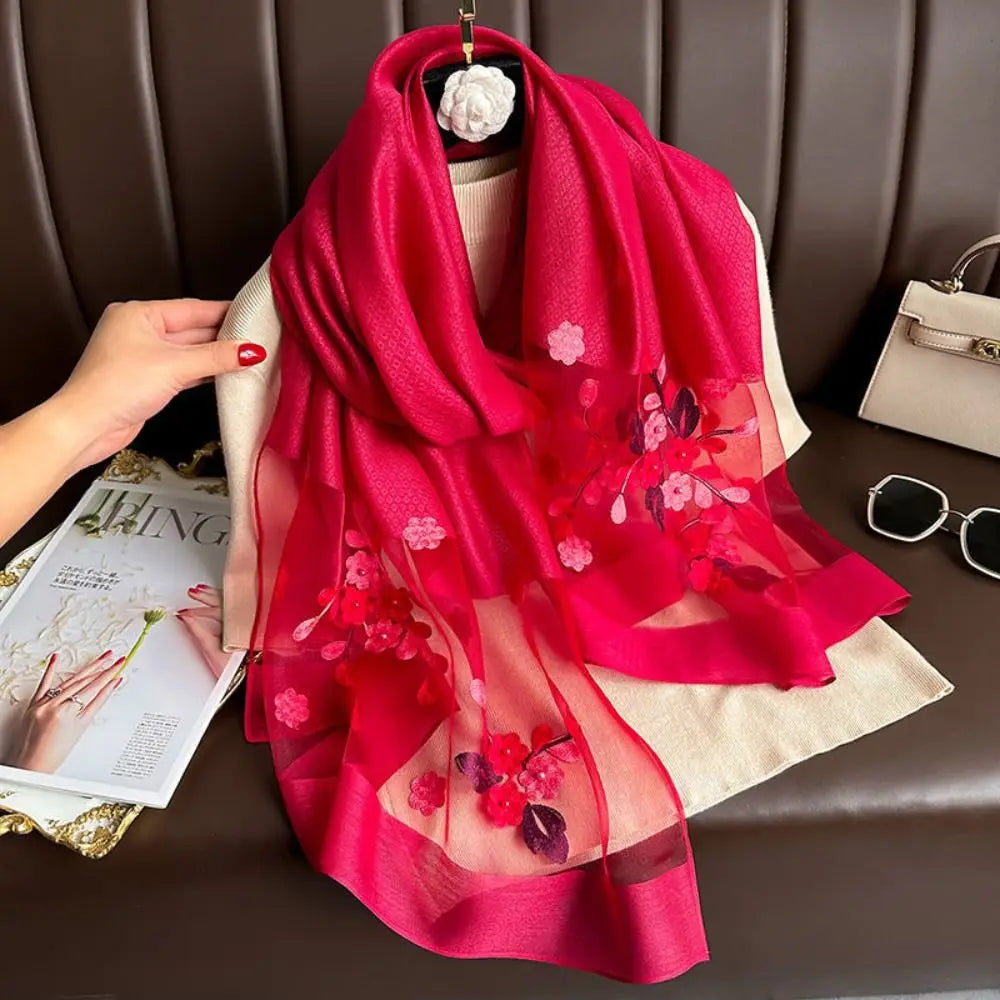 Fashion Soft Thin Luxury Silk Scarf Flower Embroidery Foulard Women Hijab Shawls Wraps Large Shiny Lace Scarf Female