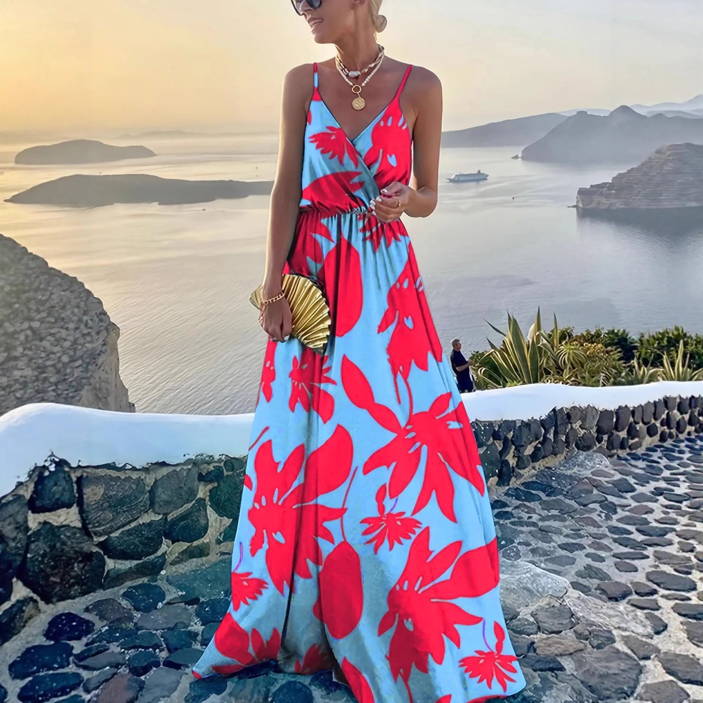 Fashionable French Style Midi Dress Multi-Color Deep V Waist Print Long Sleeveless Streetwear Trendy Elegant Cross-Border Gown