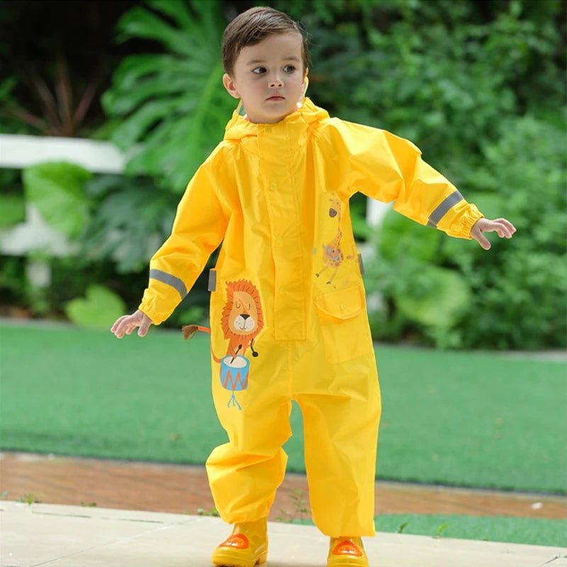 Kids Rain Suit with Hood Waterproof Jumpsuits Baby Cartoon Animals One Piece Raincoat Children Boys Girls Rainwear 1-12 Years
