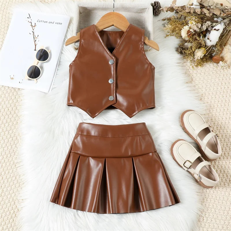 Kids Girls PU Leather Sets Fashion Summer Sleeveless Button down Cropped Vests and Pleated Mini Skirt Children Streetwear Outfit