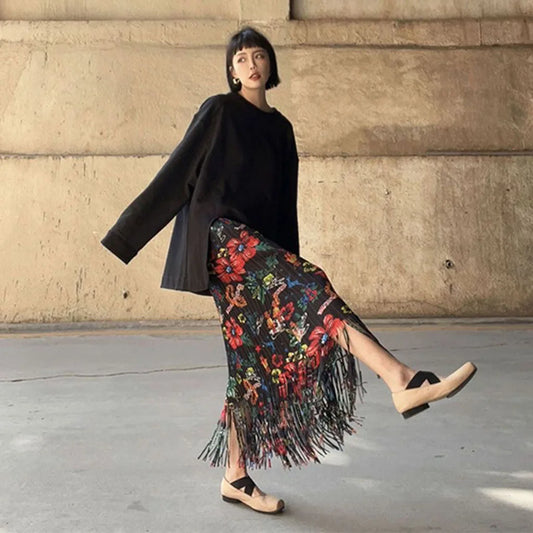 European and American style fold print design sense fringe skirt women's spring and summer new high-waisted fashion hundred half