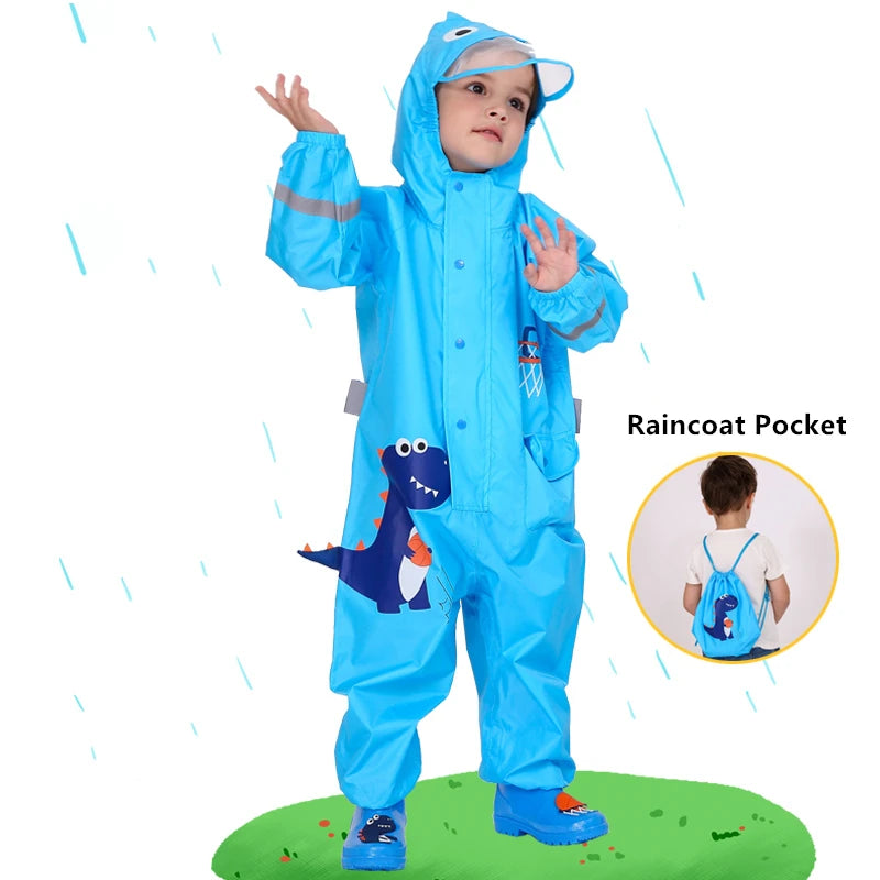 Kids Rain Suit with Hood Waterproof Jumpsuits Baby Cartoon Animals One Piece Raincoat Children Boys Girls Rainwear 1-12 Years