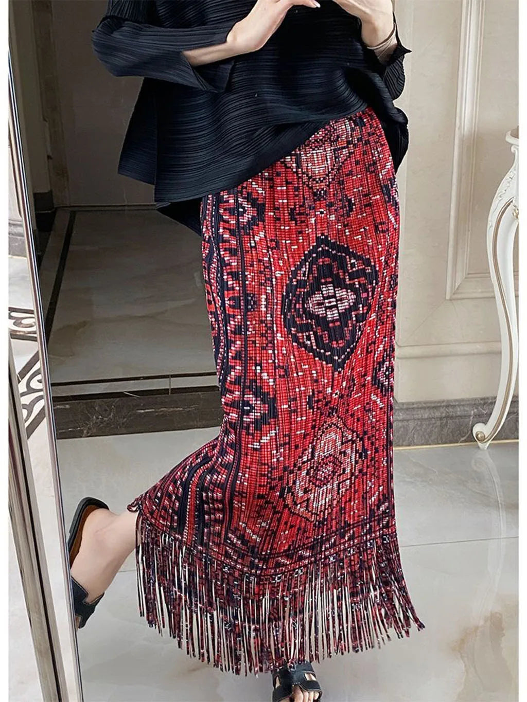 European and American style fold print design sense fringe skirt women's spring and summer new high-waisted fashion hundred half