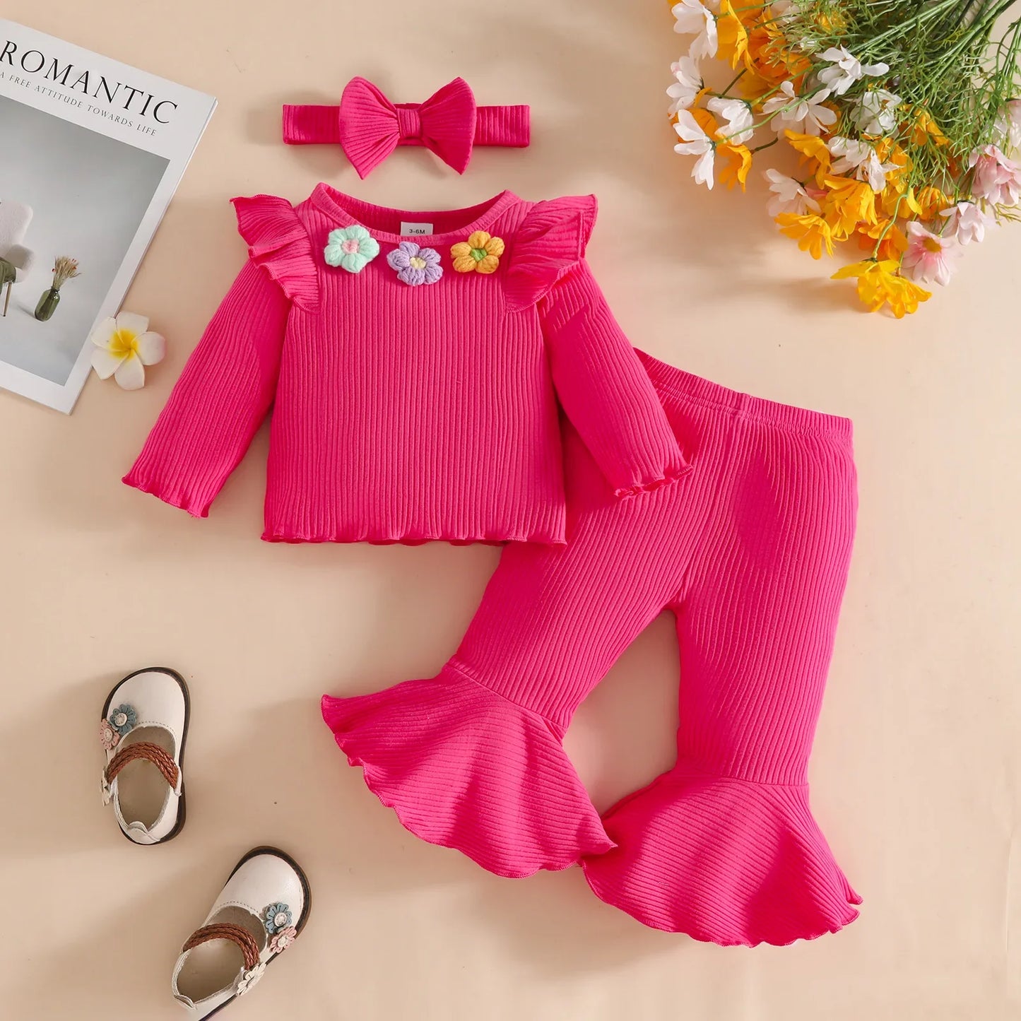 Kids Girl Outfit Set 0-3Y Clothes Baby Girls Floral Applique Ruffle Top and Solid Flared Pants with Headband Stylish Casual Wear