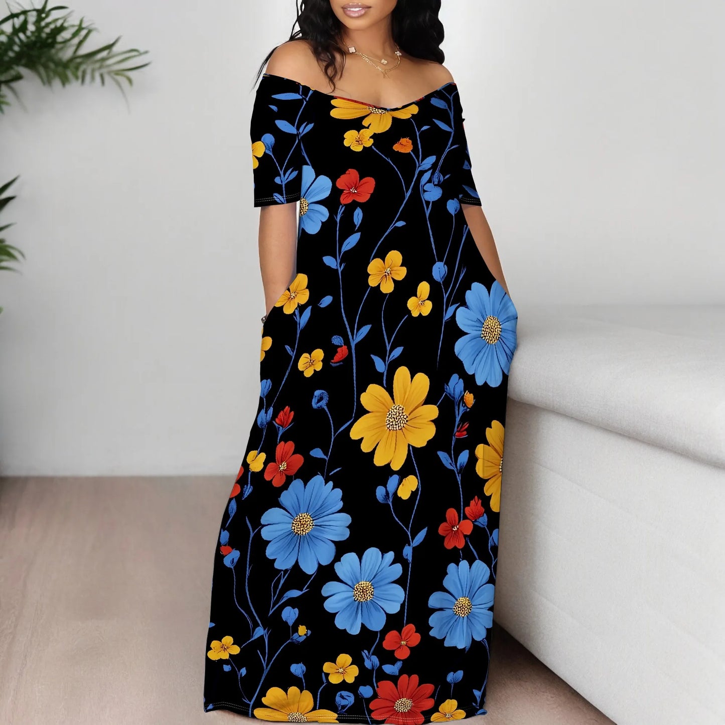 Women's Fashion  Printed Short Sleeve Long Dress Sexy Off Shoulder Backless Bodycon Split Cocktail Party Dress