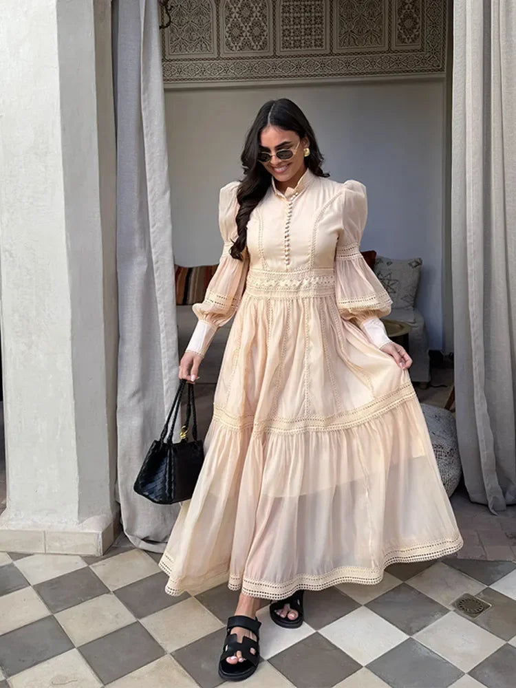 Fashion Hollow Out Long Dress For Women Turn-down Collar Full Sleeve Draped Lace Hem Robe 2025 Summer Elegant Lady Party Dresses