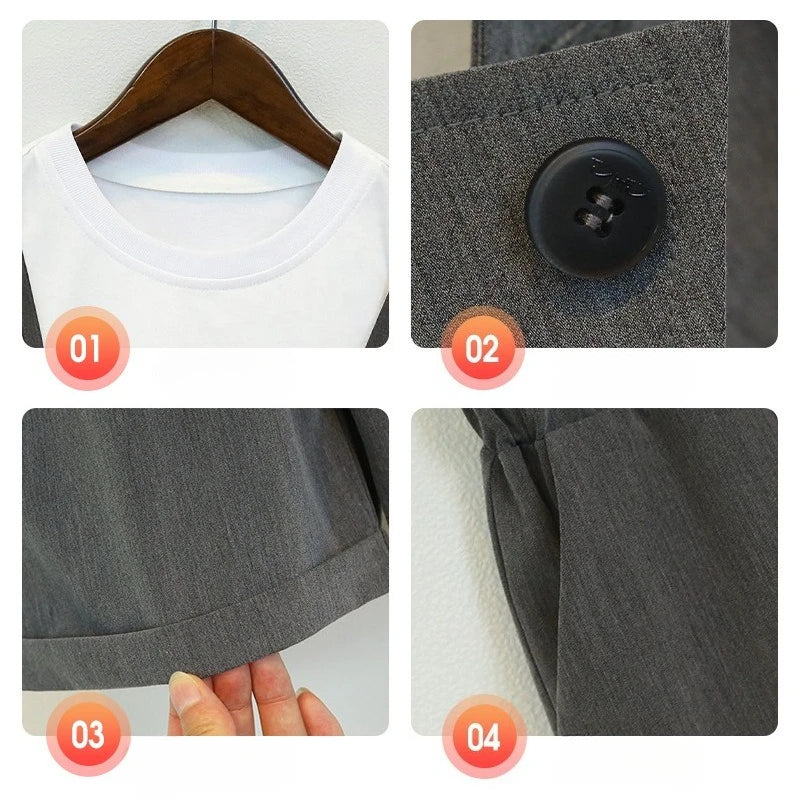 Kids' Suit Set Stylish Fake 2-Piece T-Shirt  Shorts Outfit for Boys Girls Summer Streetwear Child Birthday Photoshoot Clothes