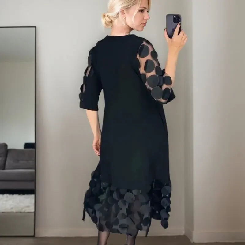 Fashion Trendy Flared Dress Commuting Solid Color O Neck Perspective Dots Mesh Patchwork Five-point Sleeve Mid-length Skirts