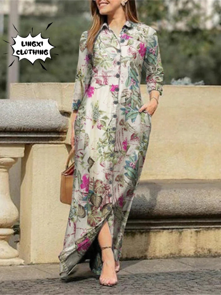 Fashion Summer Dresses 2024 New Women's Printed Elegant Robe Flip Collar Single Breasted Elegant Commuter Long Dress