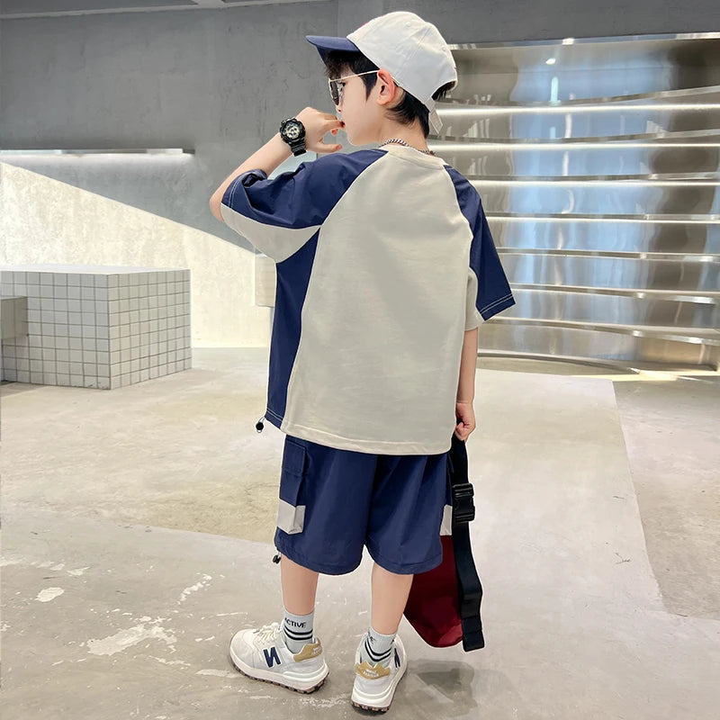 Kids Clothing Sets For Boys Fashion Short Sleeve T Shirts Shorts 2pcs Tracksuits Summer Children Teenager Sportswear Suits 5-14Y