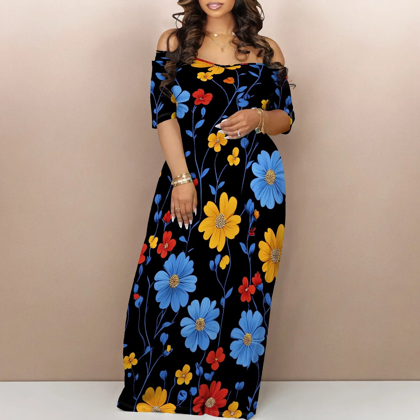 Women's Fashion  Printed Short Sleeve Long Dress Sexy Off Shoulder Backless Bodycon Split Cocktail Party Dress