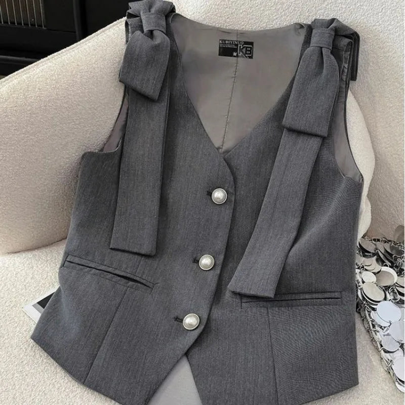 Fashion Design Sense Suit Collar Single Waist Waist Sleeveless Halter Waistcoat + High Waist Pleated Skirt Two-piece Set Women