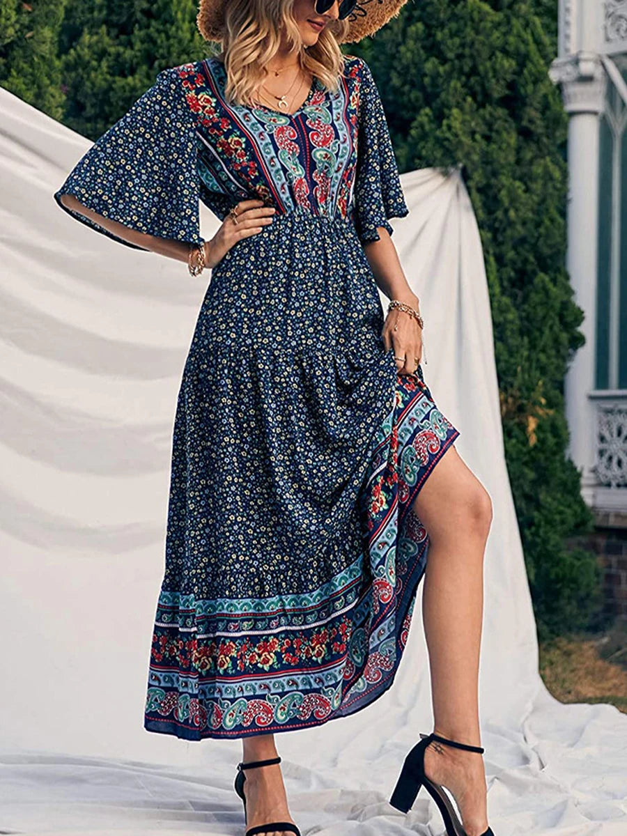 2024 Fashion Summer Dress For Women Boho Print Design Short Sleeve V Neck Female Long Beach Dress