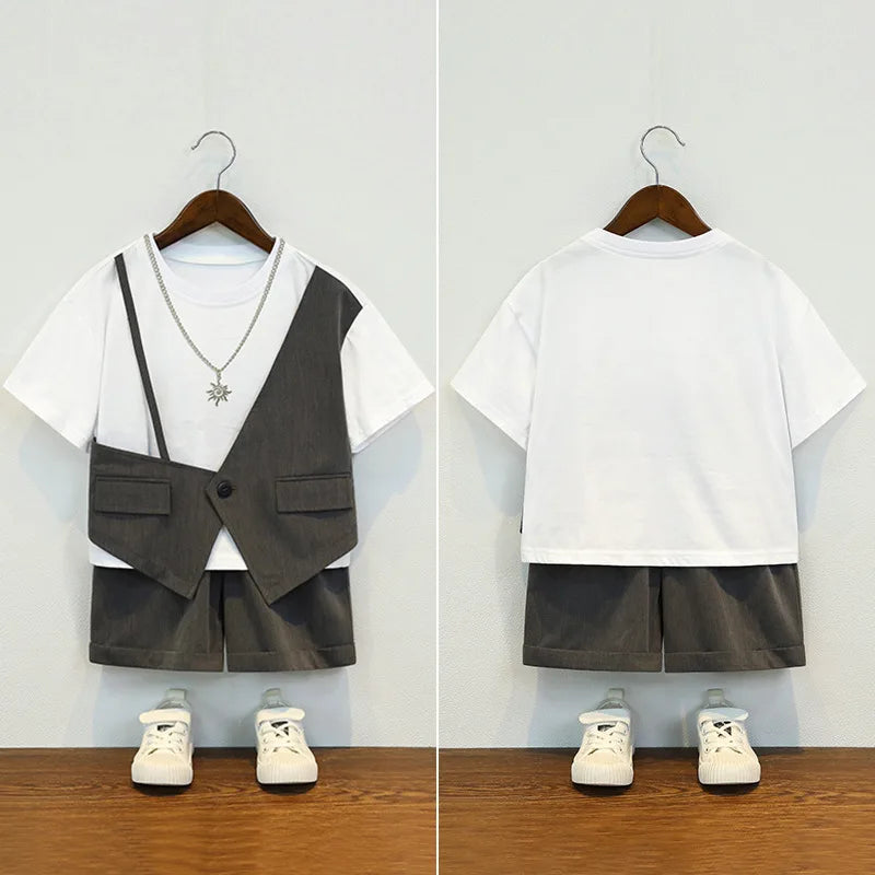 Kids' Suit Set Stylish Fake 2-Piece T-Shirt  Shorts Outfit for Boys Girls Summer Streetwear Child Birthday Photoshoot Clothes