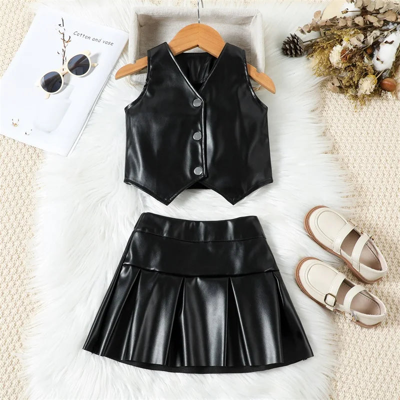 Kids Girls PU Leather Sets Fashion Summer Sleeveless Button down Cropped Vests and Pleated Mini Skirt Children Streetwear Outfit