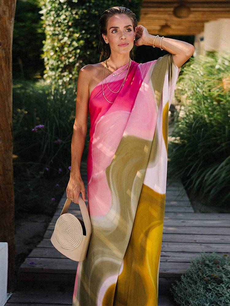 Fashion Print Long Dress For Women Skew-collar Short Sleeveless Backless Draped Robe 2025 Summer Elegant Female Party Dresses