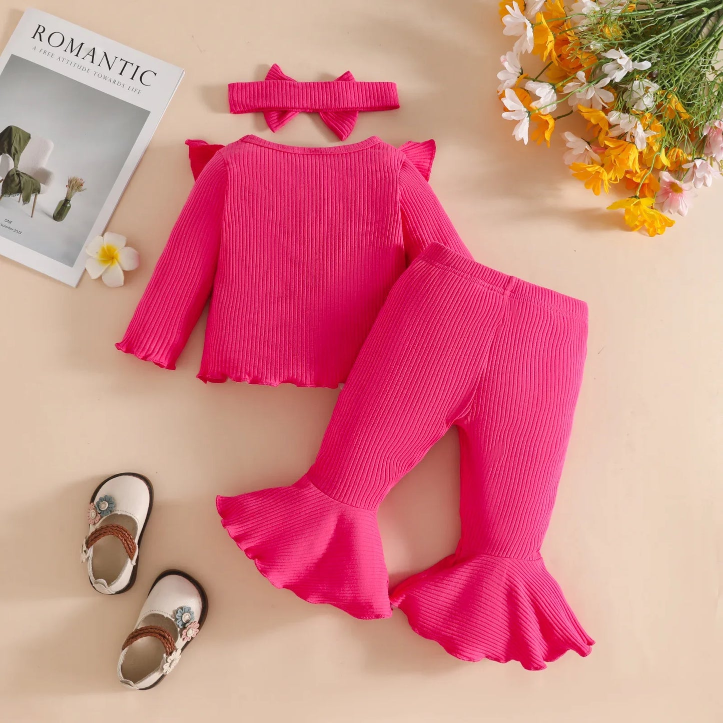 Kids Girl Outfit Set 0-3Y Clothes Baby Girls Floral Applique Ruffle Top and Solid Flared Pants with Headband Stylish Casual Wear