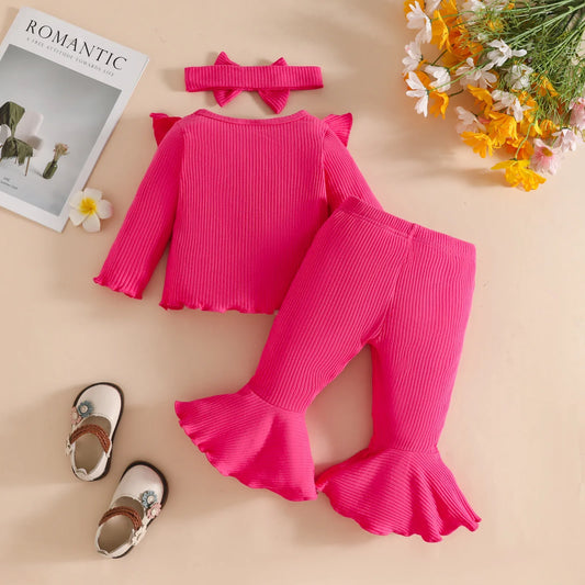 Kids Girl Outfit Set 0-3Y Clothes Baby Girls Floral Applique Ruffle Top and Solid Flared Pants with Headband Stylish Casual Wear