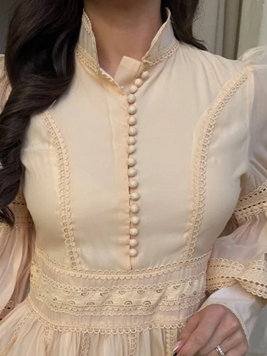 Fashion Hollow Out Long Dress For Women Turn-down Collar Full Sleeve Draped Lace Hem Robe 2025 Summer Elegant Lady Party Dresses