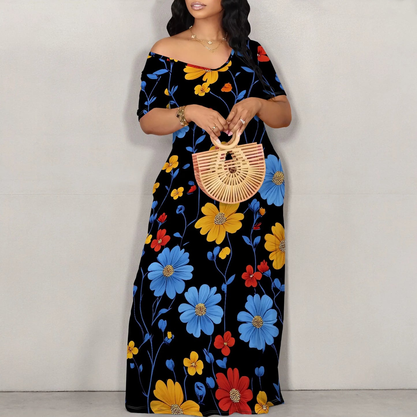 Women's Fashion  Printed Short Sleeve Long Dress Sexy Off Shoulder Backless Bodycon Split Cocktail Party Dress