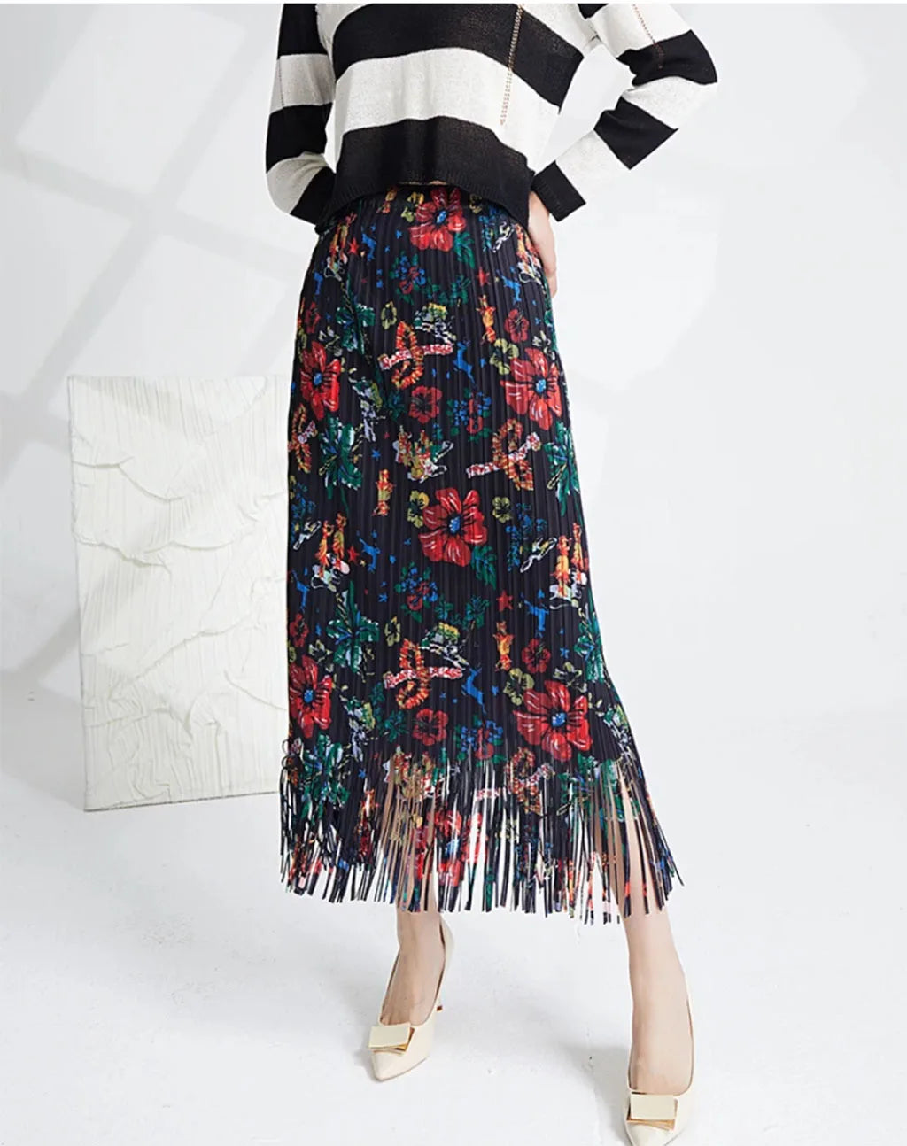 European and American style fold print design sense fringe skirt women's spring and summer new high-waisted fashion hundred half