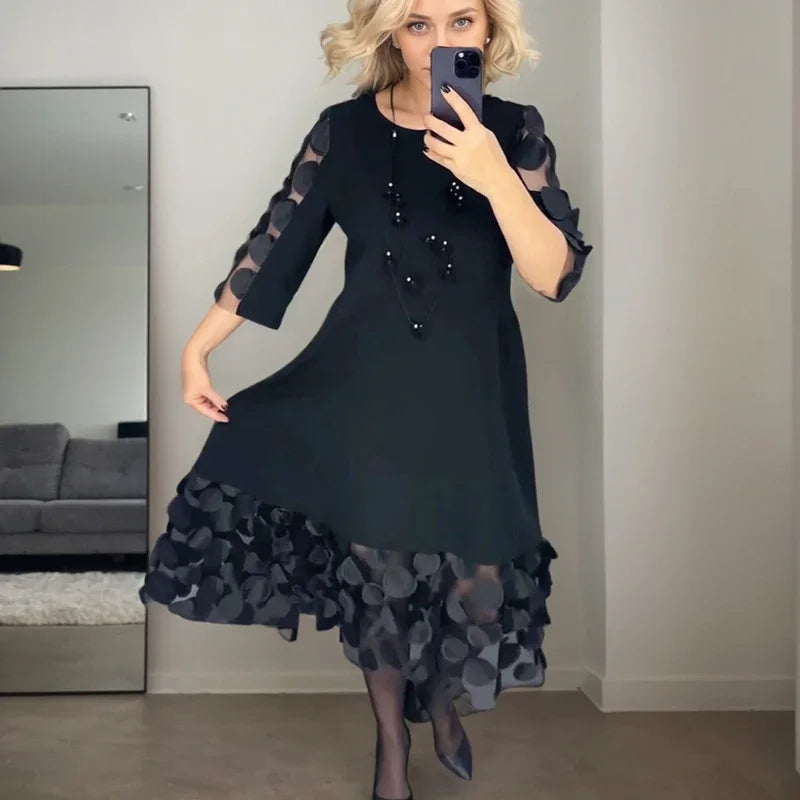 Fashion Trendy Flared Dress Commuting Solid Color O Neck Perspective Dots Mesh Patchwork Five-point Sleeve Mid-length Skirts