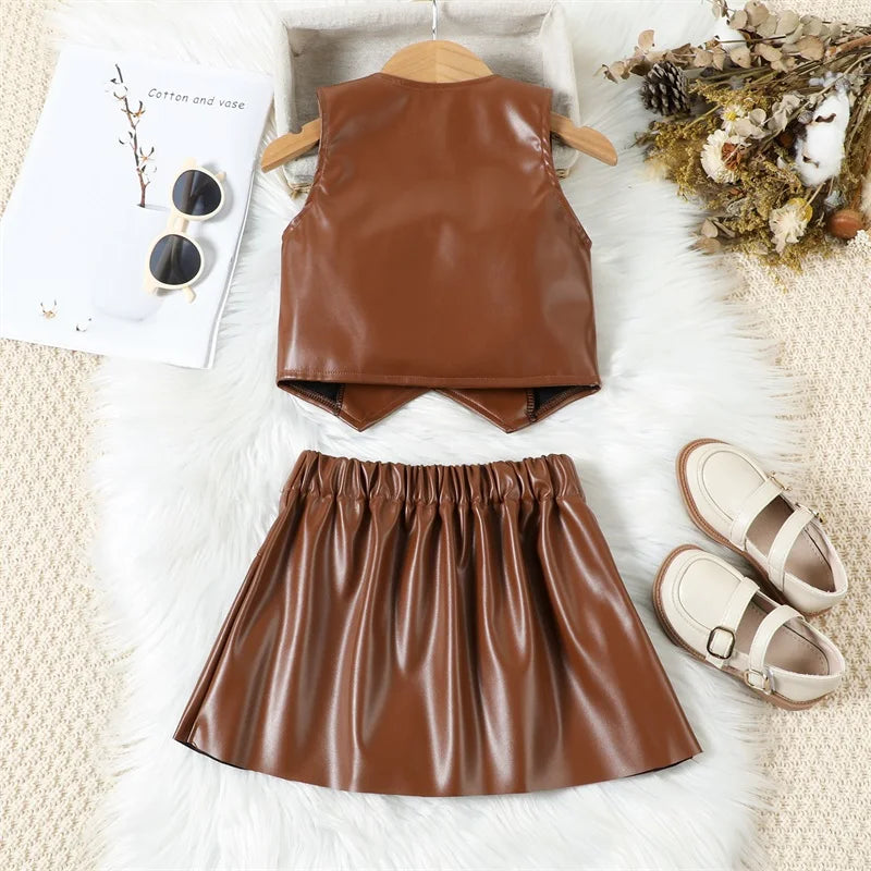 Kids Girls PU Leather Sets Fashion Summer Sleeveless Button down Cropped Vests and Pleated Mini Skirt Children Streetwear Outfit