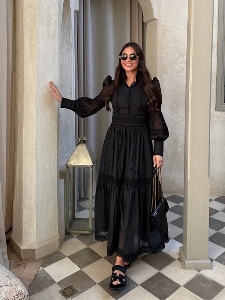 Fashion Hollow Out Long Dress For Women Turn-down Collar Full Sleeve Draped Lace Hem Robe 2025 Summer Elegant Lady Party Dresses