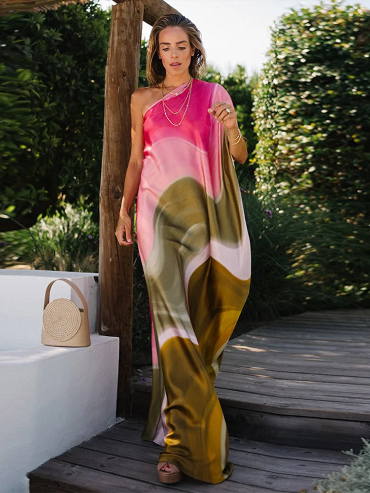 Fashion Print Long Dress For Women Skew-collar Short Sleeveless Backless Draped Robe 2025 Summer Elegant Female Party Dresses