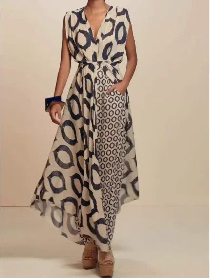 Fashion 2025 Summer 2 Piece Sets Womens Outfits Casual New Sexy Elegant Printed Sleeveless V-Neck Lace Up Top+Slim Fit Pants Set