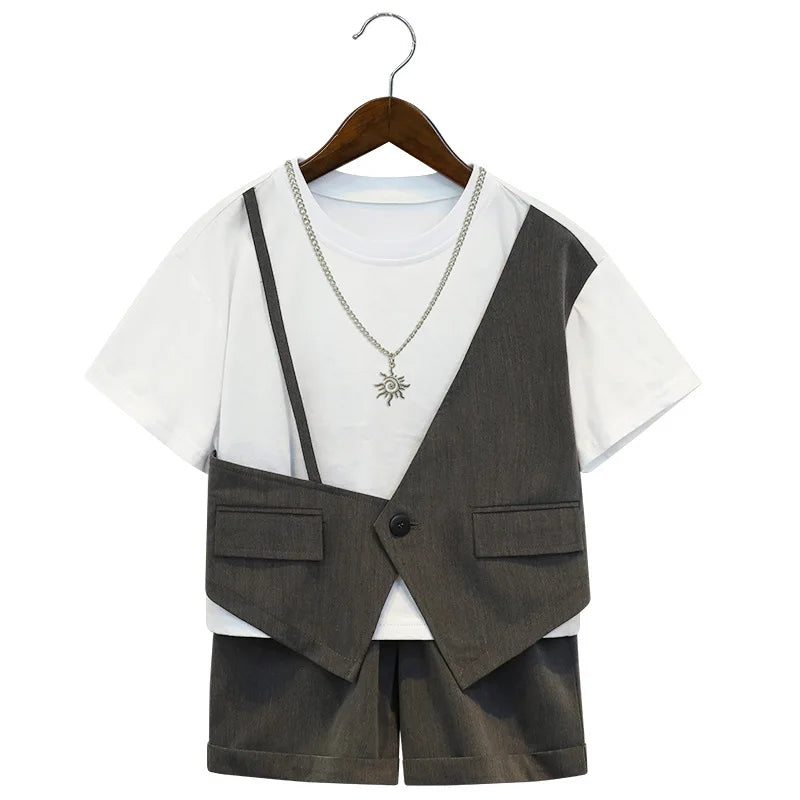 Kids' Suit Set Stylish Fake 2-Piece T-Shirt  Shorts Outfit for Boys Girls Summer Streetwear Child Birthday Photoshoot Clothes