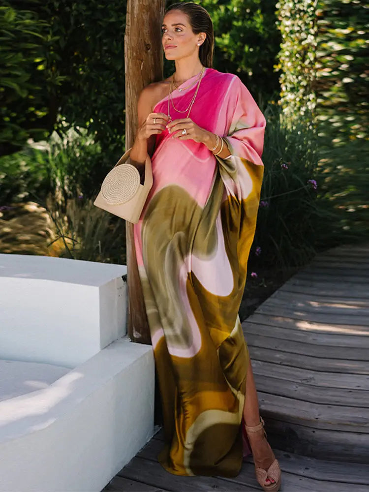 Fashion Print Long Dress For Women Skew-collar Short Sleeveless Backless Draped Robe 2025 Summer Elegant Female Party Dresses