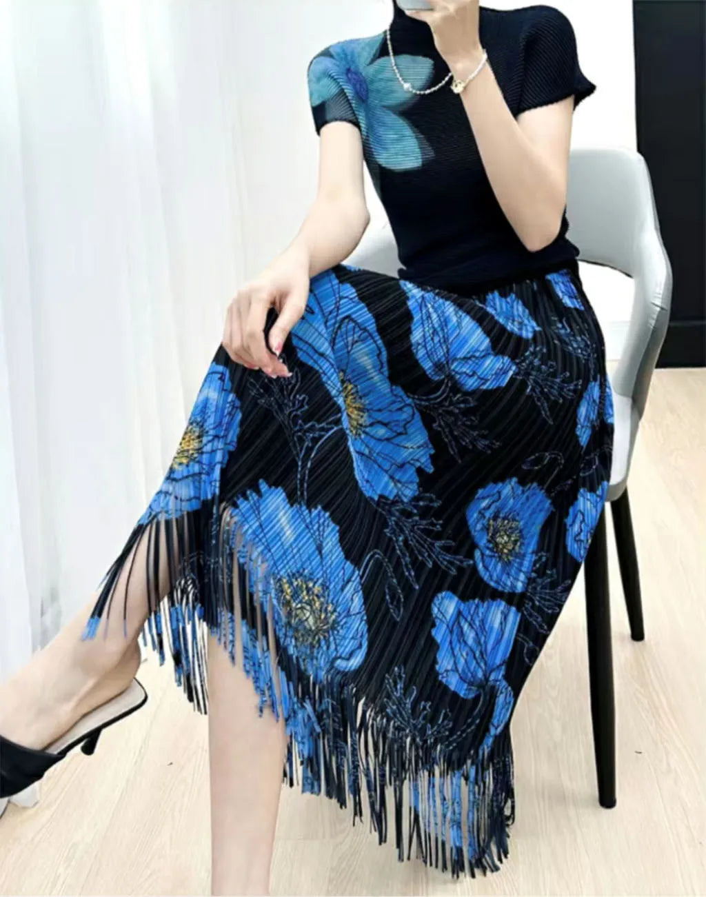 European and American style fold print design sense fringe skirt women's spring and summer new high-waisted fashion hundred half