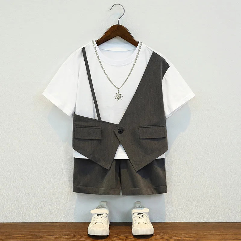 Kids' Suit Set Stylish Fake 2-Piece T-Shirt  Shorts Outfit for Boys Girls Summer Streetwear Child Birthday Photoshoot Clothes