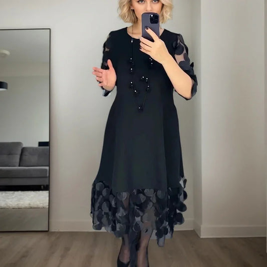 Fashion Trendy Flared Dress Commuting Solid Color O Neck Perspective Dots Mesh Patchwork Five-point Sleeve Mid-length Skirts