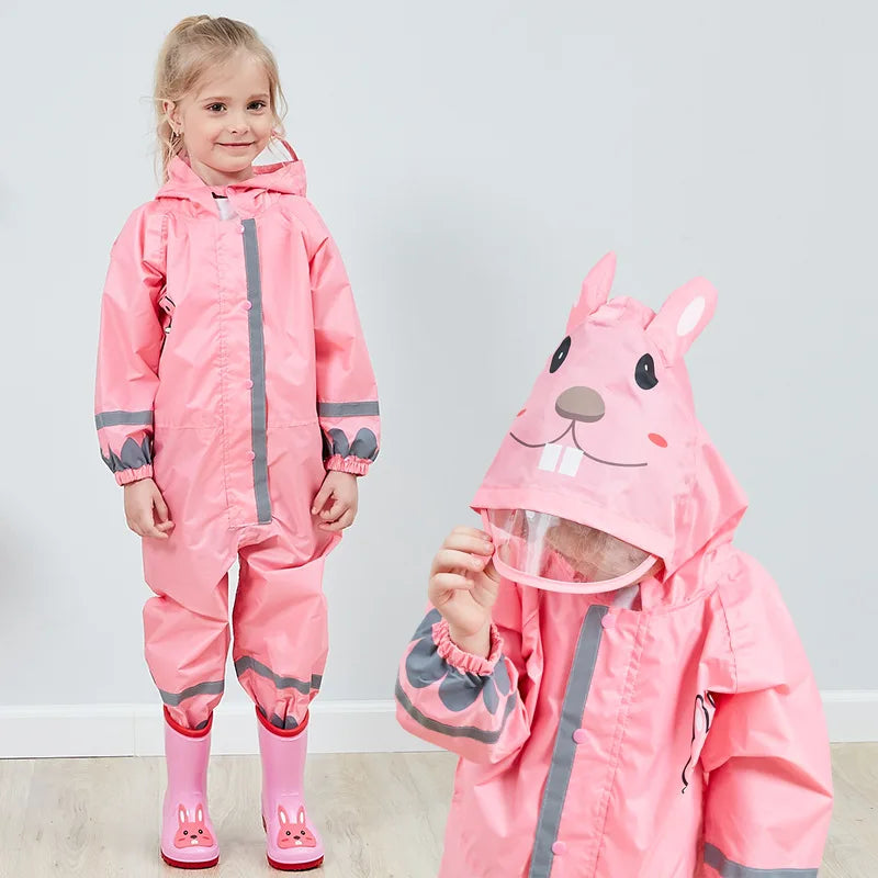 Kids Rain Suit with Hood Waterproof Jumpsuits Baby Cartoon Animals One Piece Raincoat Children Boys Girls Rainwear 1-12 Years