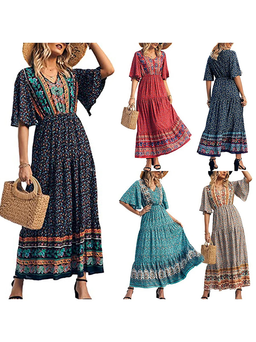 2024 Fashion Summer Dress For Women Boho Print Design Short Sleeve V Neck Female Long Beach Dress