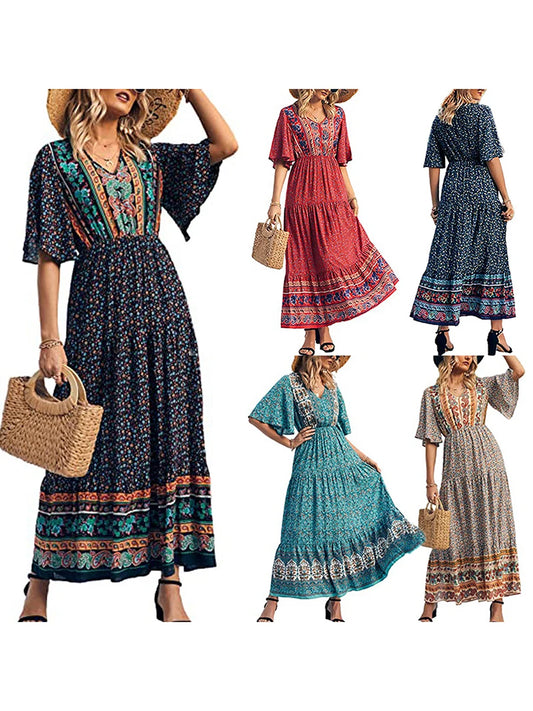 2024 Fashion Summer Dress For Women Boho Print Design Short Sleeve V Neck Female Long Beach Dress