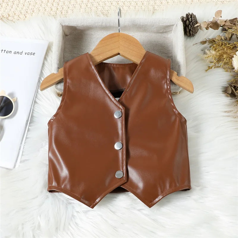 Kids Girls PU Leather Sets Fashion Summer Sleeveless Button down Cropped Vests and Pleated Mini Skirt Children Streetwear Outfit