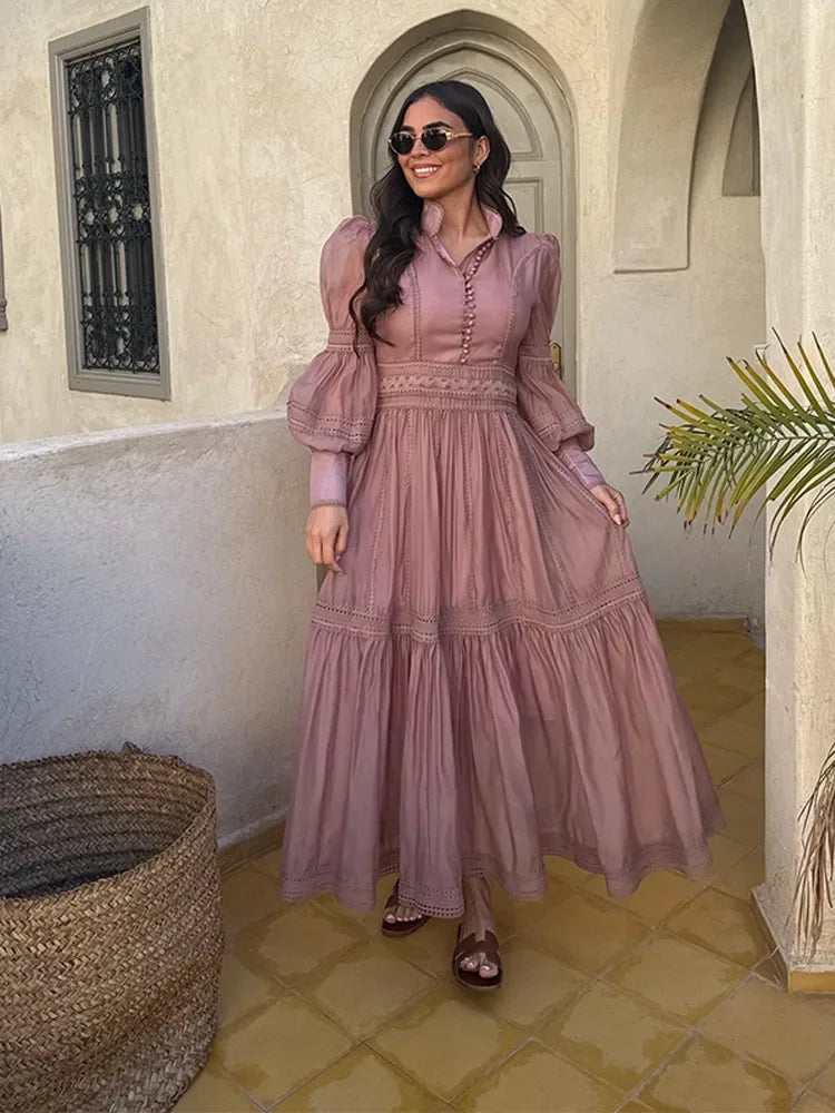 Fashion Hollow Out Long Dress For Women Turn-down Collar Full Sleeve Draped Lace Hem Robe 2025 Summer Elegant Lady Party Dresses